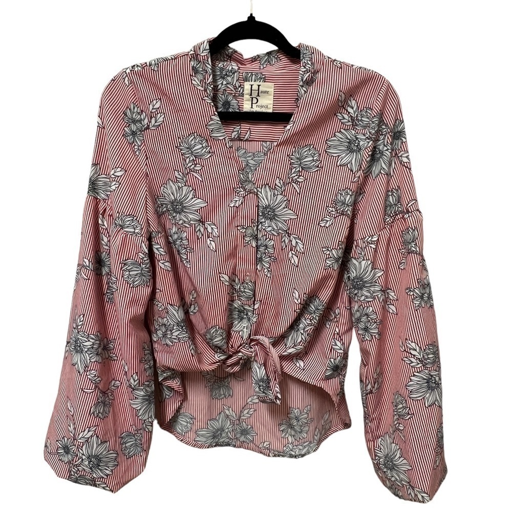 HAUTE PROJECT Floral and Stripped Front Tie Bishop Sleeved High Lo Blouse, Med